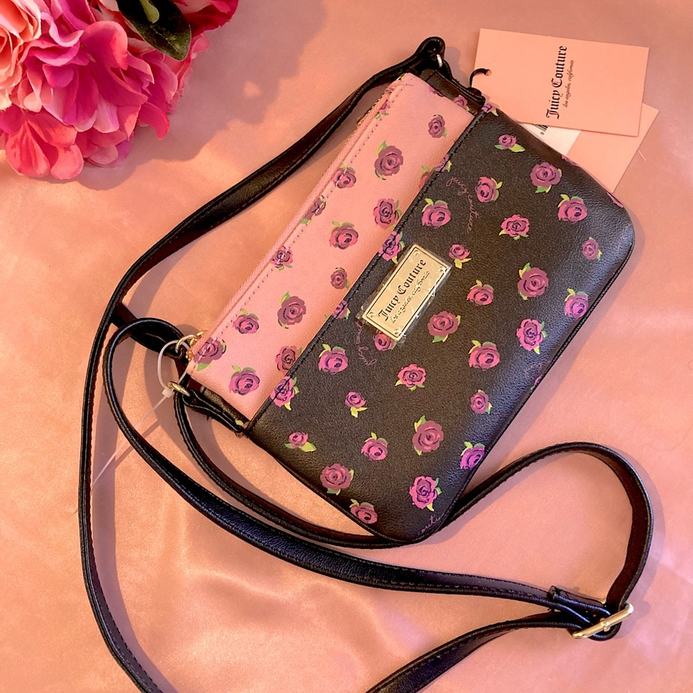NWT Juicy Couture Black Blooms Pull Out Pouch Crossbody Handbag Set